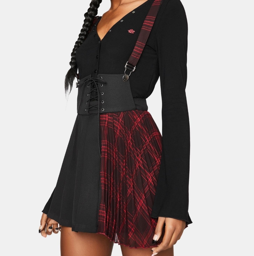 Punk Rave Plaid Pleated Suspender Skirt